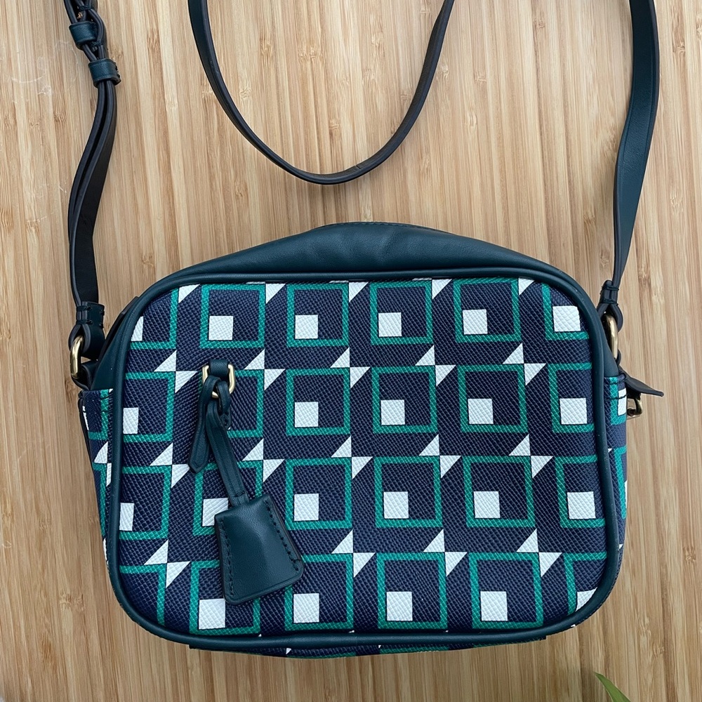 J.Crew Mini Signet bag in green leather and geometric print canvas